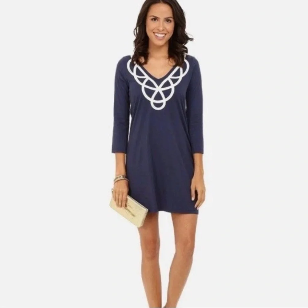 Lilly Pulitzer‎ Blaire V Neck  A Line Cotton Dress True Navy Women’s Size XS